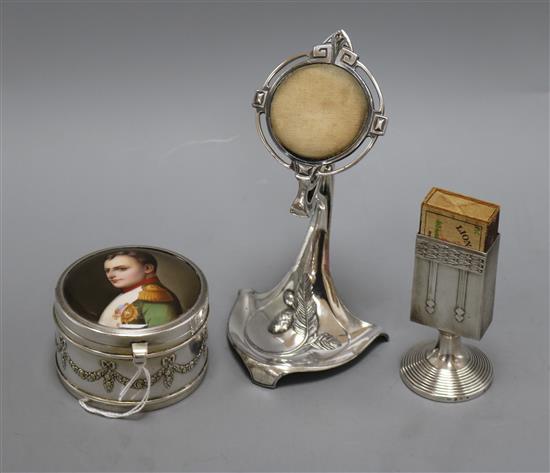 A WMF Secessionist match holder, a WMF Napoleon trinket box, a WMF watch stand